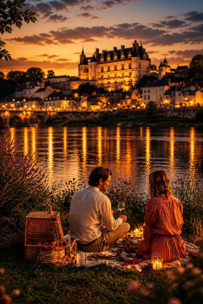 Couple en pique-nique romantique au bord de la Loire avec vue sur le château d’Amboise au coucher du soleil